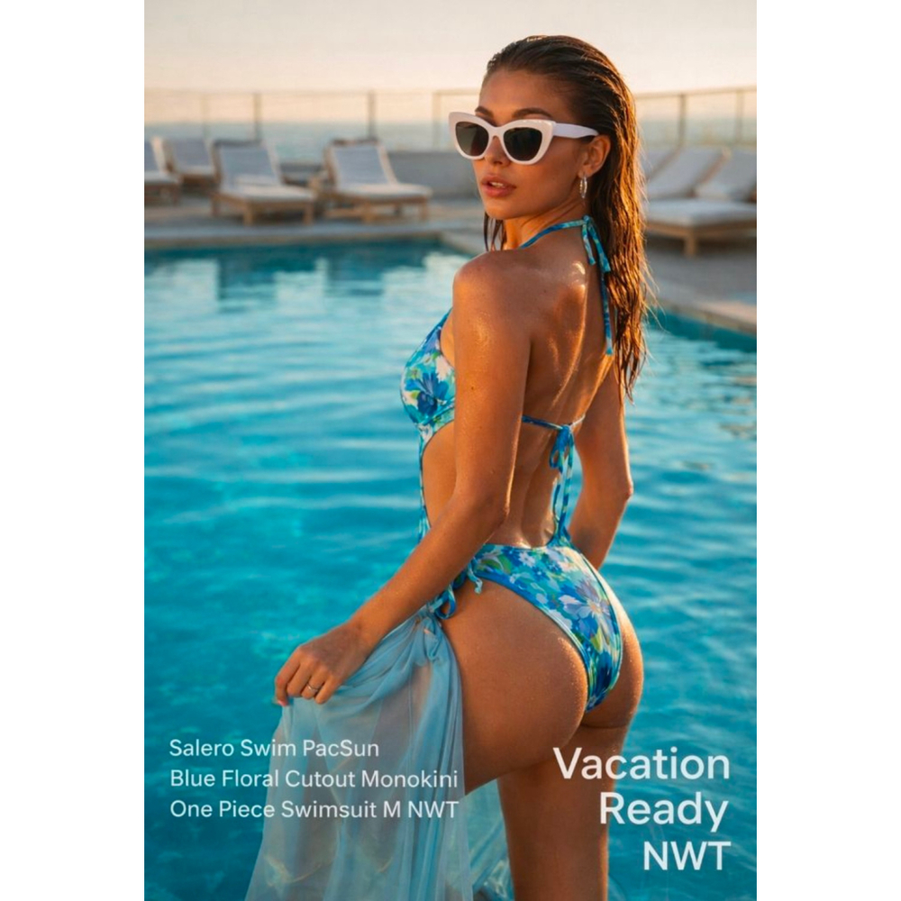 Salero Swim PacSun Blue Floral Cutout Monokini One Piece Swimsuit M NWT